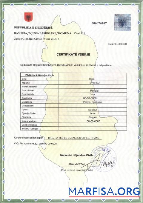 Downloadable Albania death certificate template in PSD format